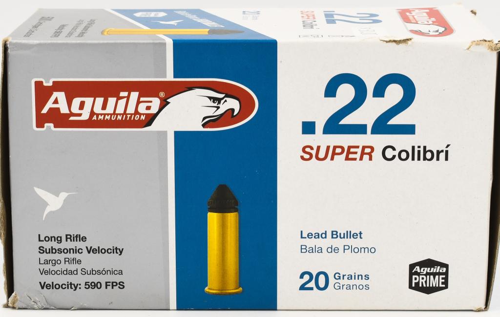 500 Rounds Of Aguila .22 LR Subsonic Ammunition: 500 Rounds Of Aguila .22 LR Subsonic Ammunition These Aguila Colibri low velocity .22 Long Rifle rounds with a 20 Grain conical Bullet at 375 fps are ideal for target shooting in a place where you don