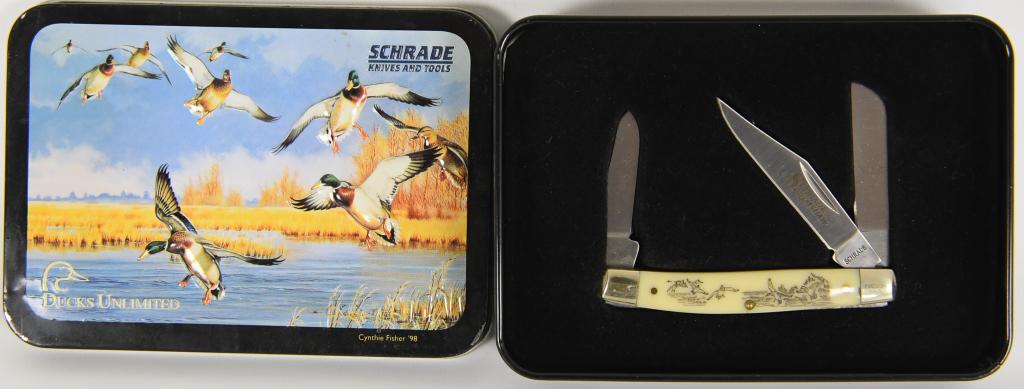 Ducks Unlimited SCHRADE Folding Pocket Knife Gift: Lot contains a Ducks Unlimited SCHRADE Folding Pocket Knife Gift Set in cool Tin ; cool bone handle with engraved Duck scene, the Blade Shows SHRADE CRIMSHAW Etched in the Blade, appears to show as tw