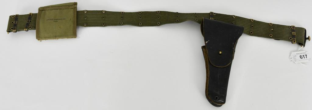 WWII US Army USMC M36 Pistol Utility Belt w/1911 H: WW2 US Army USMC M1936 pistol utility web pistol belt with Bolen Thea Prod Black Leather Colt 1911 Flap Holster. Definetly appears as an Issued Belt, there is stamped information on the belt just not 