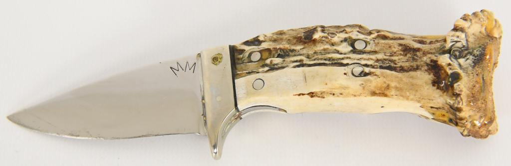 MM Marked Custom Fixed Blade Knife Stag Style: Lot contains a custom Fixed Blade Knife marked MM, the blade is approx 2.5" in length and comes with a custom stag style handle and a stainless steel heavy duty bolster. super cool compact rugged knif