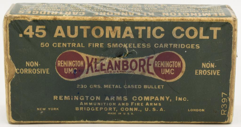 Collectors Box Of 50 Rds Remington .45 Auto Colt: Collectors Box Of 50 Rds Remington .45 Auto Colt, Non Corrosive , Kleanbore Priming, Made In USA, Smokeless Powder, Box Appears In Excellent Condition For Its Age, Also Comes Cellophane Wrapped