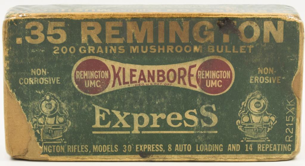 Rare Collectors Box Of .35 Remington Ammunition: Rare Collectors Box Of .35 Remington Ammunition, 20 Rounds Of Rare .35 Remington Ammunition, 200 Grain Mushroom Bullet, Express Kleanbore Priming, For Remington Rifles Model 30 Express, 8 Auto Loading