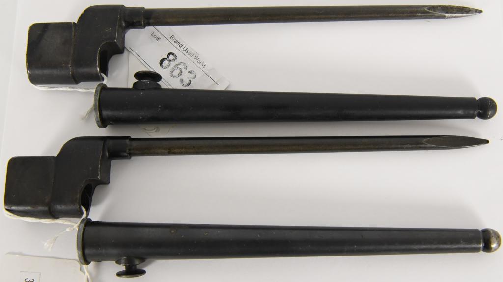 (2) WORLD WAR II LEE ENFIELD 303 PIG STICKER BAYO,: (2) WORLD WAR II LEE ENFIELD 303 PIG STICKER BAYONET, with Scabbard, one is marked No 4 MK II *and a B and a K and has a 1 on the lower section and is very light, also in another section shows possibl