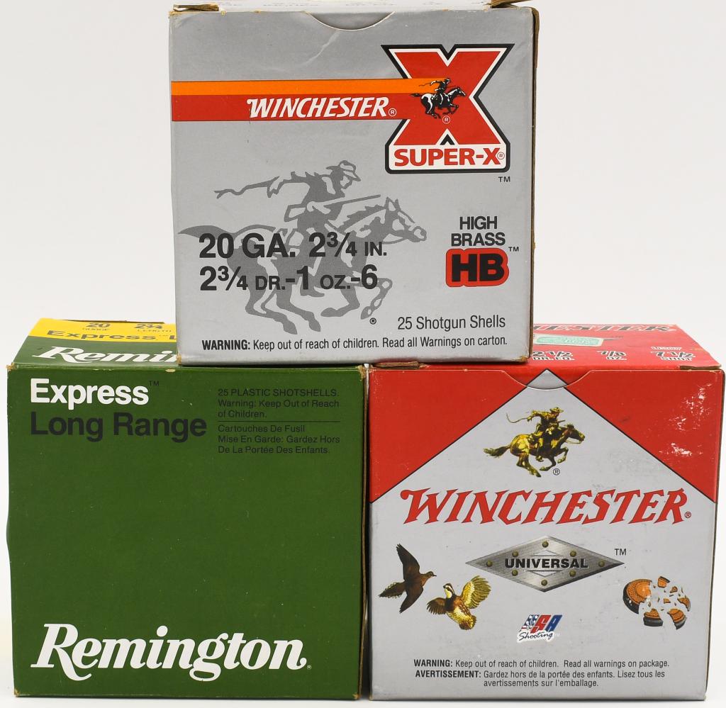63 Rounds of 20 Ga Plastic Shotshells: 63 Rounds of 20 Ga Plastic Shotshells, 13 Rounds Are Winchester Super-X 2 3/4" 1 Oz 6 Shot , 25 Rounds Are Winchester Universal 2 3/4" 7/8 OZ 7 1/2 Shot , & 25 Rounds Are Remington 2 3/4" 1 OZ 4 Shot