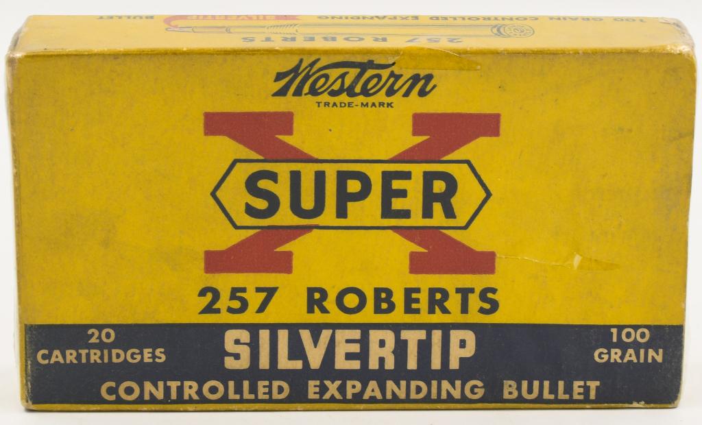 Collectors Box 10 Rds Western Super-X .257 Roberts: Collectors Box 10 Rds Western Super-X .257 Roberts, Silver Tip, 100 Grain Controlled Expanding Silver Tip Bullet, Box Appears In Excellent Condition For Its Age, Also Comes Cellophane Wrapped
