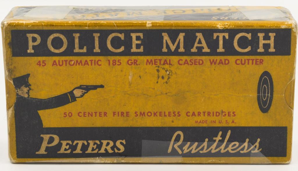 Collectors Box of Peters Police Match .45 Auto: Ammo; Collectors Box of Peters Police Match .45 Auto Ammo, 50 Rounds Total, 185 Grain Metal Cased Wad Cutters, Box Appears In Excellent Condition For Its Age, Also Comes Cellophane Wrapped