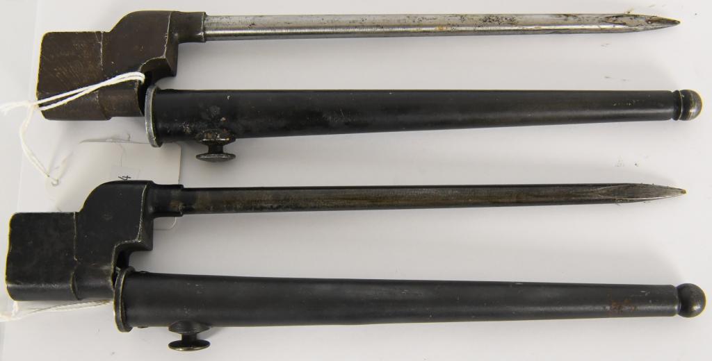 (2) WORLD WAR II LEE ENFIELD 303 PIG STICKER BAYO,: (2) WORLD WAR II LEE ENFIELD 303 PIG STICKER BAYONET, with scabbard, one is marked No 4 MK II * and one is marked No 4 MK II there is a P S K on one and the other is really hard to make out, Here is s