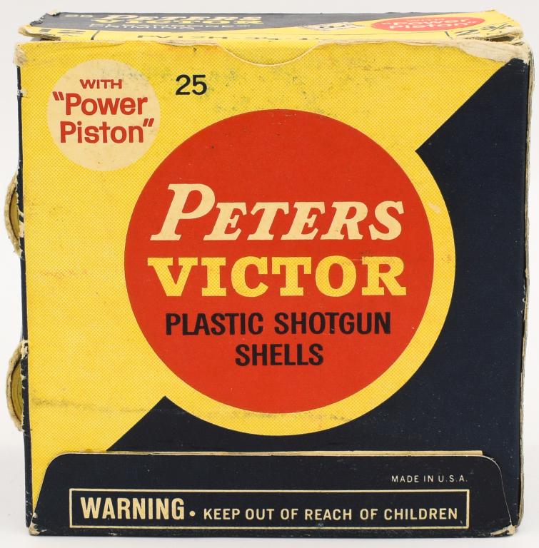 Collectors Box Of 25 Rds Peter Victor 12 Ga: Shotshells; Collectors Box Of 25 Rds Peter Victor 12 Ga Shotshells 2 3/4" With Power Piston , Kleanbore Priming , Box Appears In Overall Good Condition For Its Age