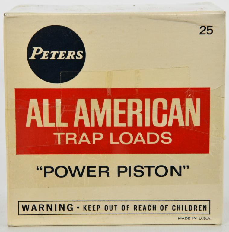 Collectors Box Of 25 Rds Peters All American 12 Ga: Collectors Box Of 25 Rds Peters All American 12 Ga Shotshells, All American Trap Loads Power Piston, Kleanbore Priming, Box Appears In Excellent Condition, Also Comes Cellophane Wrapped