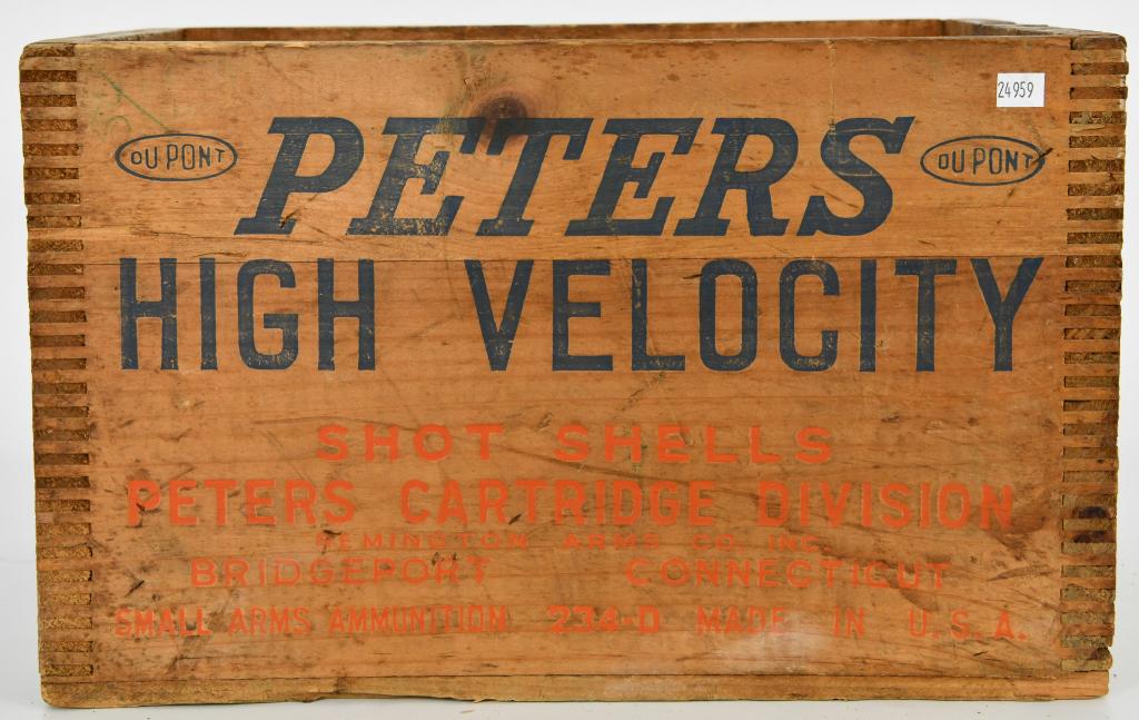 Vintage Peters High Velocity Wood Ammo Crate: Vintage Peters High Velocity Wood Ammo Crate, Marked "Peters High Velocity 12 Ga 2 3/4" Shotshells Du-Pont" Dove Tail Design, Crate Appears In Overall Good Condition , Shows Signs Of Ware & Cracking B
