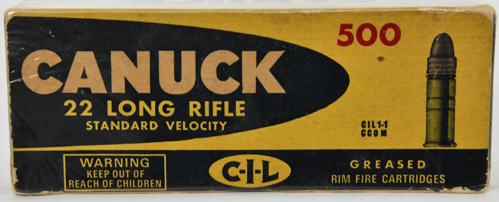 Collectors Box of 500 Rds Canuck .22 LR Ammunition: Collectors Box of 500 Rds Canuck .22 LR Ammunition, Standard Velocity, CIL, This Brick Contains 6 Original Boxes (300 Rounds) and 4 Boxes of Remington Thunderbolts. Box Appears In Excellent Condition,