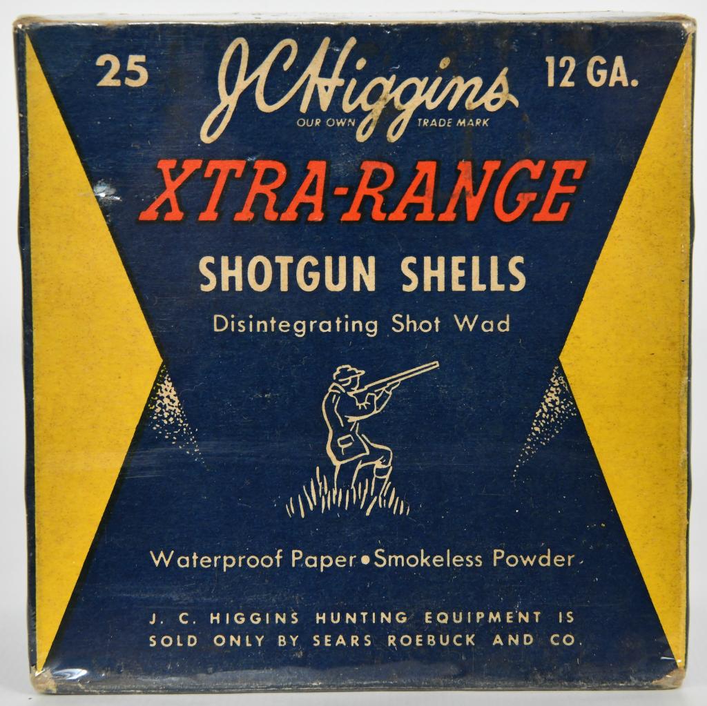 Collectors Box Of 25 Rds J.C Higgins 12 Ga: Shotshells; Collectors Box Of 25 Rds J.C Higgins 12 Ga Shotshells, Extra Range, 2 3/4" Magnum , 1 1/2 OZ 2 Shot, Shotshells, Box Appears In Excellent Condition For Its Age, Also Comes Cellophane Wrapp
