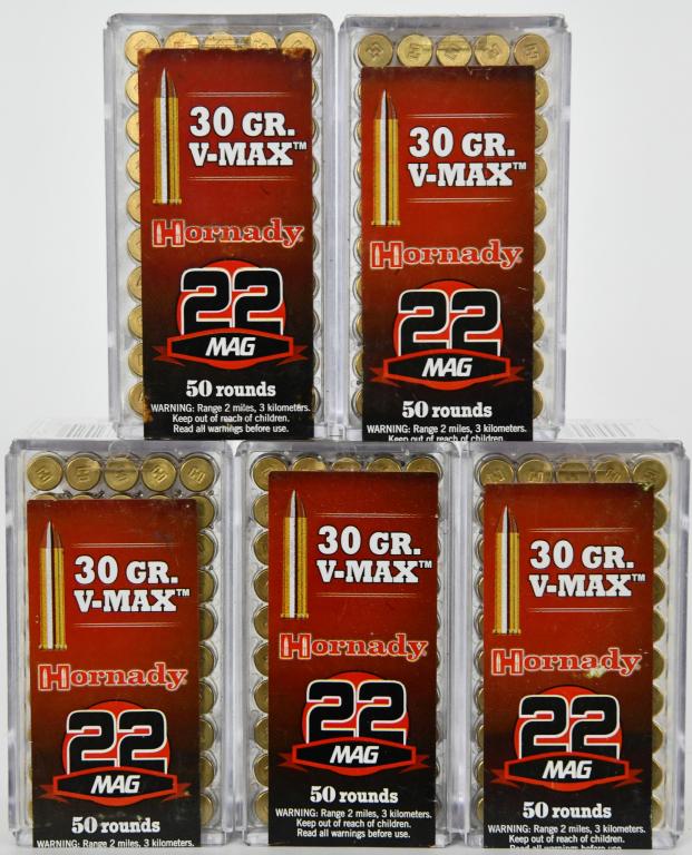 250 Rounds Of Hornady .22 WMR Ammunition: 250 Rounds Of Hornady .22 WMR Ammunition V-Max, 30 Grains Features and Specifications: Manufacturer Number: 83202 Caliber: .22 Winchester Magnum Rimfire Bullet Type: Hornady V-Max Bullet Weight: 30 Gr