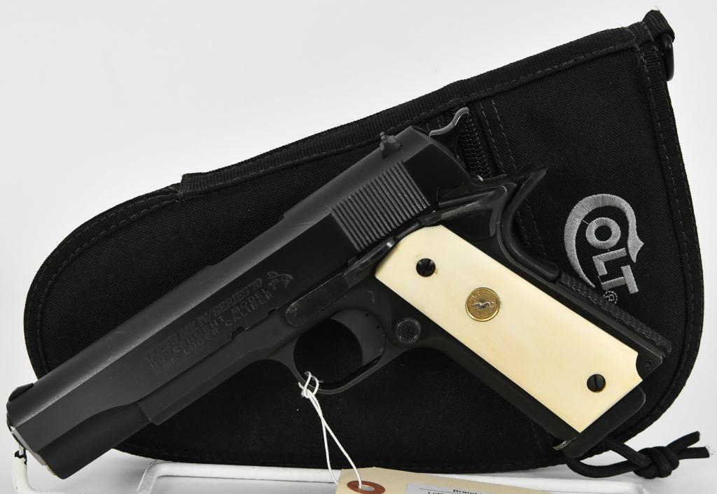 Colt MK IV Series 70 Government 9MM Pistol: Up Next We Have a Colt MK IV Series 70 Government Semi Auto Pistol Chambered in 9MM, This Colt Slide is on a Essex Frame With Faux Bone Grips With The Rampant Colt Gold Medallions, Stipled Backstrap, 