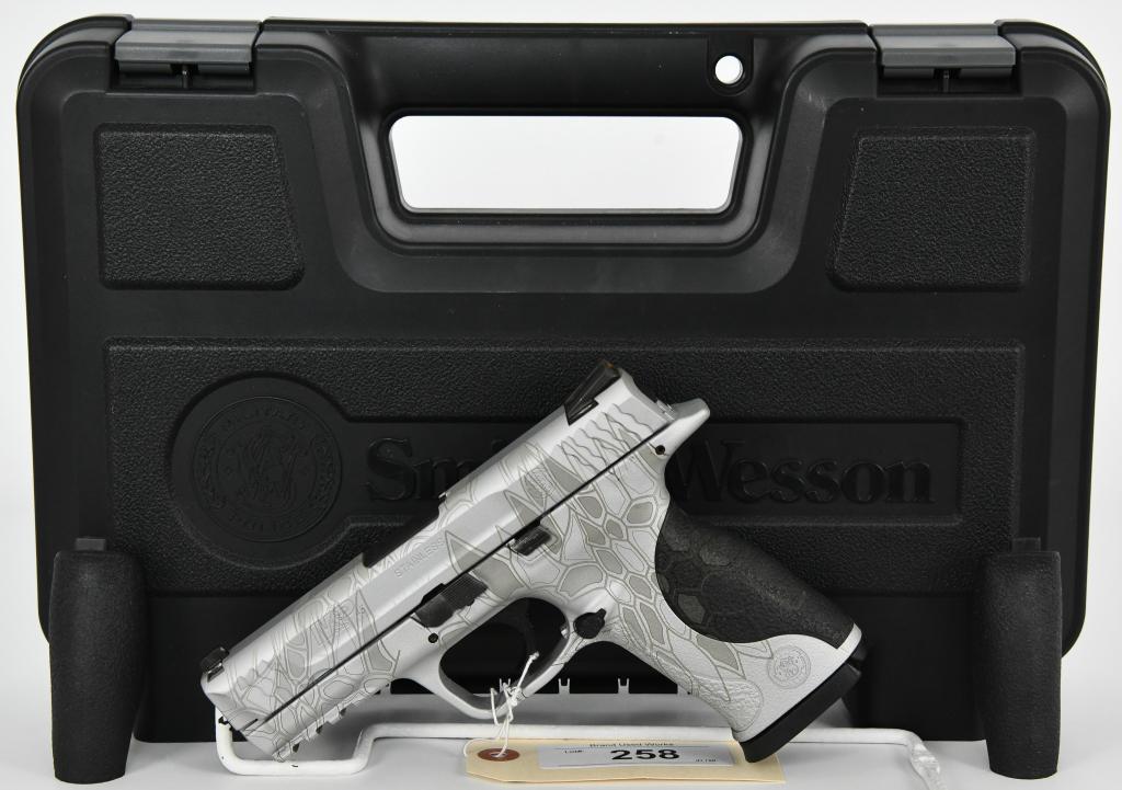 Smith & Wesson M&P 45 Semi Auto Pistol .45 ACP: Here is a Nice Smith & Wesson M&P 45 Stainless Semi Automatic Pistol chambered in .45 ACP and Hydrodipped in a Silver Cryptic Pattern, it Comes in The Factory Smith & Wesson Hardcase, One Magazine, Th