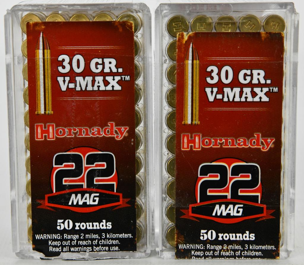 100 Rounds Of Hornady .22 WMR Ammunition: 100 Rounds Of Hornady .22 WMR Ammunition V-Max, 30 Grains Features and Specifications: Manufacturer Number: 83202 Caliber: .22 Winchester Magnum Rimfire Bullet Type: Hornady V-Max Bullet Weight: 30 Gr
