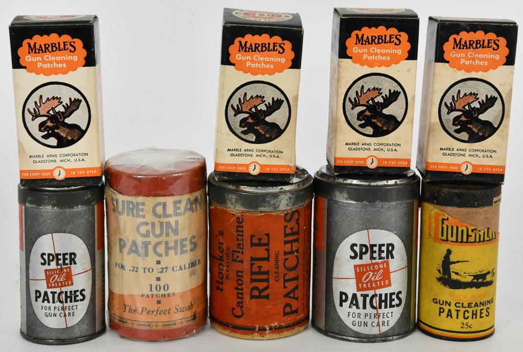 Lt Lot of Vintage Various Gun Cleaning Patches: there is four boxes full of Marbles Gun cleaning patches- vintage cool boxes in nice condition, there is a round container wrapped in cellophane with SURE CLEAN Gun Patches, vintage .22 to .27 caliber