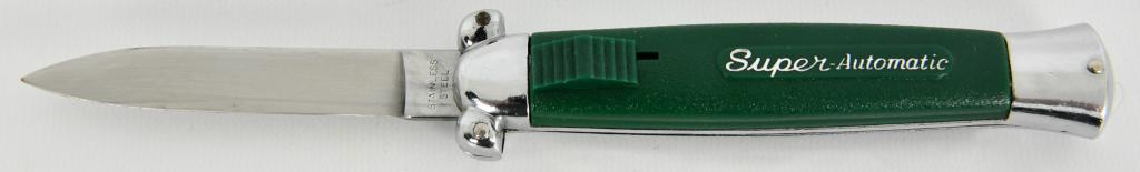 Old Fashion Super Automatic Switchblade Knife: Old Fashion Super Automatic Switchblade Knife, Blade Measures Approx 3 1/4" Long, Green Color Handle, Stainless Steel Blade