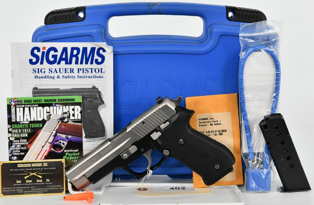 Sig Sauer P220 Two Tone Semi Auto .45 ACP Germany: Up Next We Have a Sig Sauer P220 Two Tone Semi Auto Pistol Chambered in .45 ACP, Made in Germany, Two Tone and comes with Two magazines, Lock, Paperwork, and in a Sig Factory Hardcase. This Pistol is 