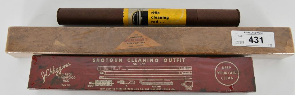 Lot of 3 Vintage Cleaning Rods: Lot of 3 Vintage Cleaning Rods This lot Includes 1 The Lightwood Sportsman Rod & Fittings , 1 Duraluminum Rifle Cleaning Rod & 1 JC Higgins 3 Piece Hardwood Cleaning Rod For 12 & 16 Ga , 2 Are Celloph
