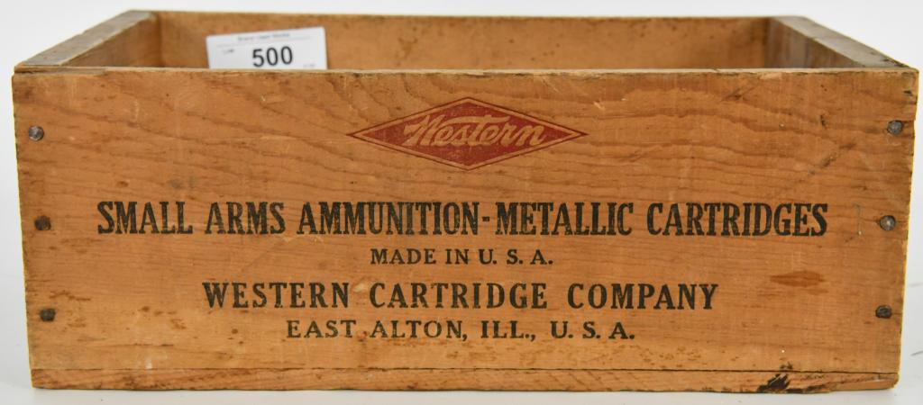 Vintage Western Small Arms Ammo Wood Crate: Vintage Western Small Arms Ammo Wood Crate Marked Small Arms Ammunition Metallic Cartridges Made By Western Cartridge Company Made In USA, Crate Is For Super-X Long Range .22 Short Ammunition, Crate I