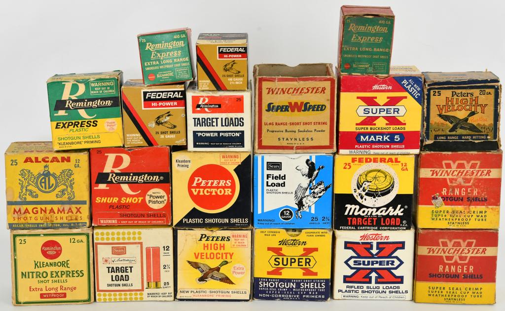 Collectible Shotgun shell boxes in real nice: condition; various brands and styles; refer to pictures but to name a few, Remington Express, Remington Nitro Express, ALCAN Magnamax, Western Super X Peters Victor and more, There is Peters High Velo