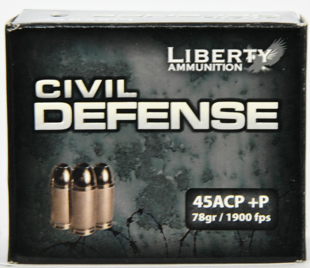 20 Rounds Of Liberty Civil Defense .45 ACP +P Ammo: 20 Rounds Of Liberty Civil Defense .45 ACP +P Ammunition, 78 Grain Copper HP 1900 fps 20 Rounds Liberty Civil Defense ammunition is a high quality accurate load designed for self defense. This copper