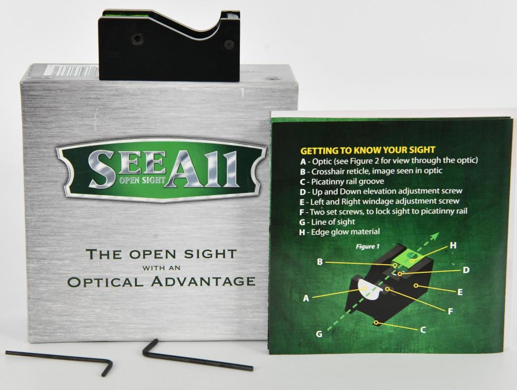 SEEAll Open Sight Edge glow lit reticle sight: see all ® open sight edge glow lit reticle sight fits rifles and pistols 100% made in usa no batteries! this comes in the box with paperwork: The See All Open Sight is the first of its kind in open-s