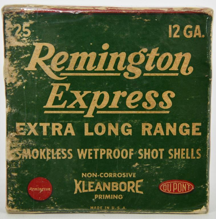 Collectors Box Of 25 Rds Remington 12 Ga: Shotshells; Collectors Box Of 25 Rds Remington 12 Ga Shotshells, Remington Express, Extra Long Range , Smokeless Powder, Wetproof, Kleanbore Pirming, Box Appears In Excellent Condition, Also Comes Cel