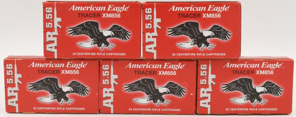 100 Rounds American Eagle 5.56 NATO Tracer Ammo: 100 Rounds American Eagle 5.56 NATO Tracer Ammo 64 Grain FMJ Tracer 3020fps American Eagle Tactical gives you the quality and affordability you've been looking for. Lake City's M856, Tactical Tracer a