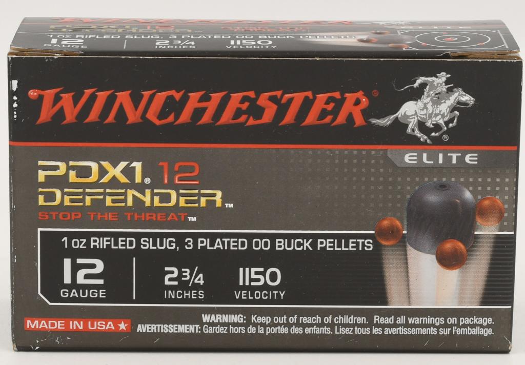 10 Rounds of Winchester Defender 12 Ga 00 Bucks: 10 Rounds of Winchester Defender 12 Ga 00 Bucks, PDX1 12 Defender 2 3/4" Stop the Threat Elite Ammunition, 1 Oz Rifled Slug & 3 Plated 00 Buck Pellets Made In USA