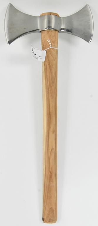 Hand Forced Double Bit Axe 19" Hickory Handle: Hand Forged Double Bit Axe 19" custom made Hickory handle , one cutting edge is approx 4.25" other side is approx 3.75" cutting edge, handle measures approx 19" in length, comes with steel piece inser