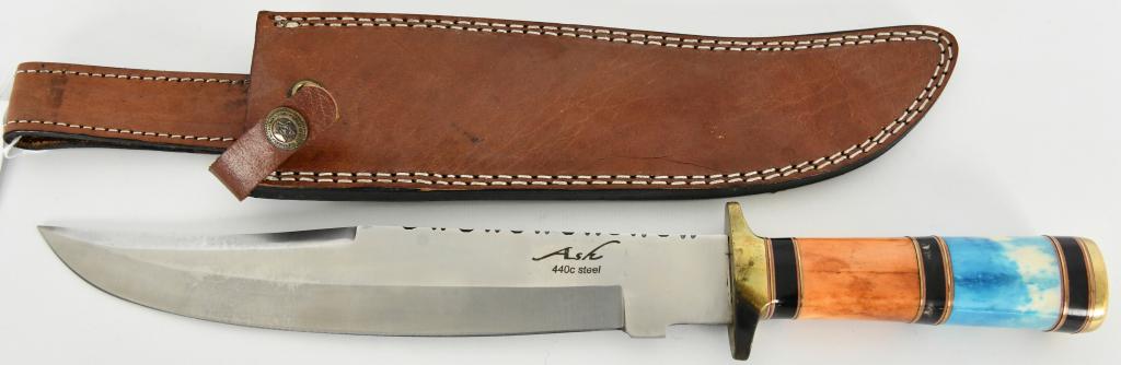 ASH custom handcrafted Hunting Bowie Knife 15": ASH Custom Hand crafted Hunting Bowie Knife 440C steel 15" overall length with an approx 10" double side Blade with one section having a serrated section of the upper portion of the blade, comes with