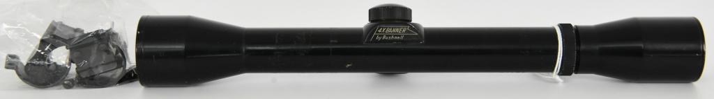 4X Banner by Bushnell 4x32 Riflescope -JAPAN: Real nice pre owned 4X Banner by Bushnell 4x32 Riflescope with a set of rings (not attached) , the scope is stamped with 4X32 BL JAPAN No. C151190 measures approx 12" in length and has a 1" tube, over