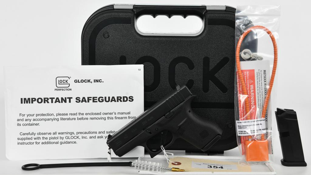 GLOCK 42 SEMI AUTO PISTOL .380 ACP: Up Next We Have a What Appears to be a Brand New, Maybe Once Fired GLOCK 42 Semi Automatic Pistol Chambered in .380 ACP, 3.25" Barrel, Two 6 Round Magazines, Polymer Frame, Black Finish, and Comes in
