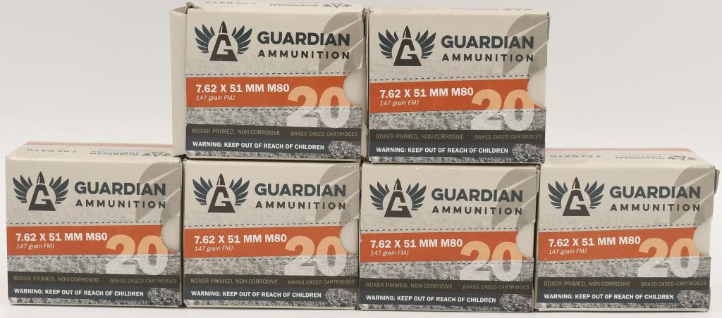 120 Rounds Of Guardian 7.62x51mm M80 (.308): 120 Rounds Of Guardian 7.62x51mm M80 (.308) Ammunition, 147 Grain Full Metal Jacket Boxer Primed , Non Corrosive, Brass Cased Cartridges, NATO Ammunition,