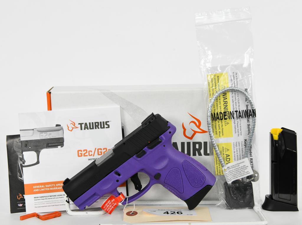 Brand New Taurus PT111 G2C Semi Auto Pistol 9mm: Up Next We Have a Brand New Taurus PT111 G2C Semi Auto Pistol Chambered in 9mm Luger, 3.2" Barrel, Two 12 Round Magazines, 3 Dot Sights Black Slide/Polymer Frame Deep Purple Finish, and Comes in The F