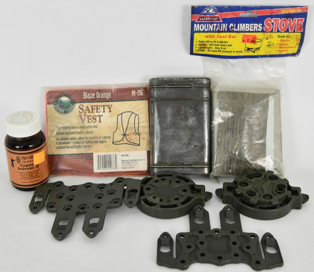 Hunting Accessories lot; Mundlos Mauser Cleaning C: Lot contains a WWII Mundlos 1939 Mauser Gun Cleaning Can SN# G8779 tool inside matches same 1939 date, comes with one cleaning brush, super cool item, there is a Blaze orange safety Vest nos in the pa