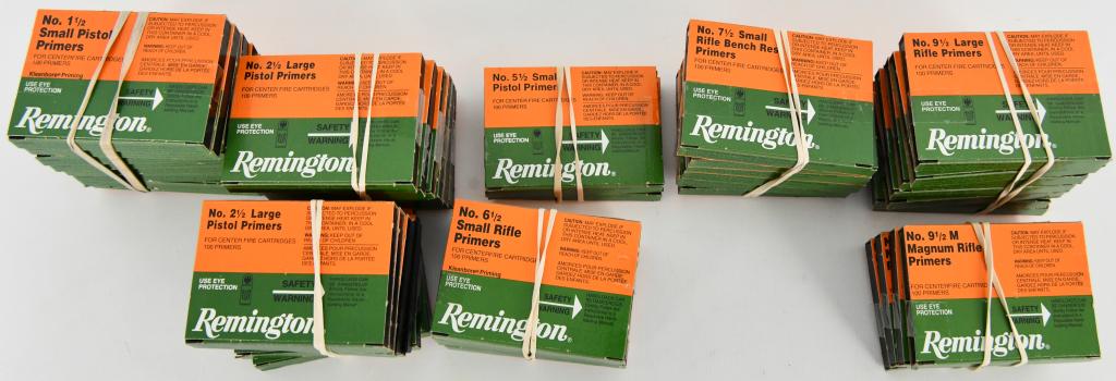 Remington Primers 43 bxs Various see below NIP: Remington primers various sizes: see below for details new in the package 8 bxs (100 primers per box) No. 1.5 Small Pistol Primers for centerfire cartridges, kleanbore priming 2 bxs (100 primers per b