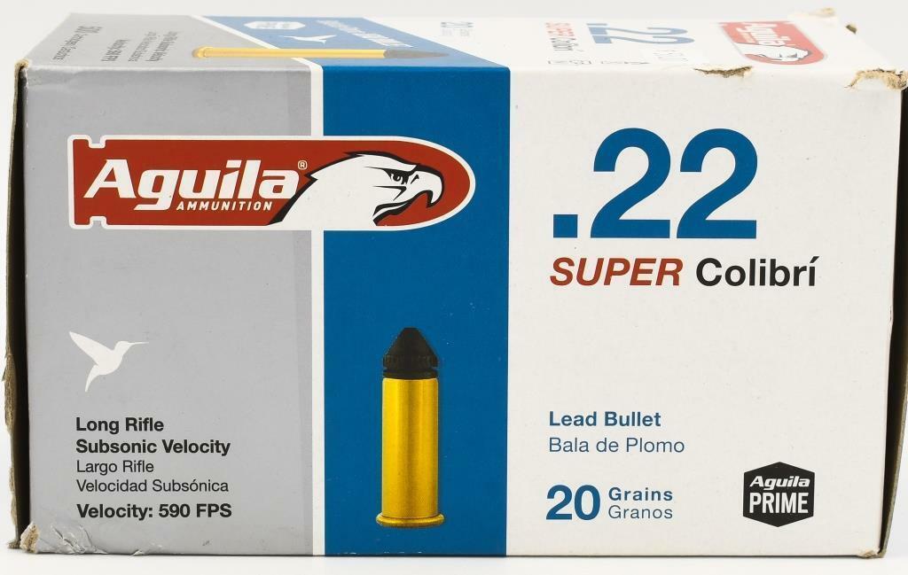 500 Rounds Of Aguila .22 LR Subsonic Ammunition: 500 Rounds Of Aguila .22 LR Subsonic Ammunition These Aguila Colibri low velocity .22 Long Rifle rounds with a 20 Grain conical Bullet at 375 fps are ideal for target shooting in a place where you don
