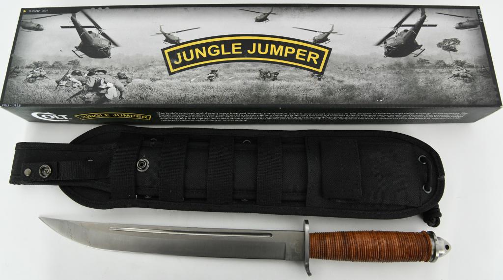 Colt Jungle Jumper Fixed Blade Knife 11": Up Next We Have a Brand New Colt Jungle Jumper Fixed Blade Knife 11" Stainless Blade, Colt Jungle Jumper. 16 1/2" overall. 11" stainless blade. Round design stacked leather handle. Stainless guard and