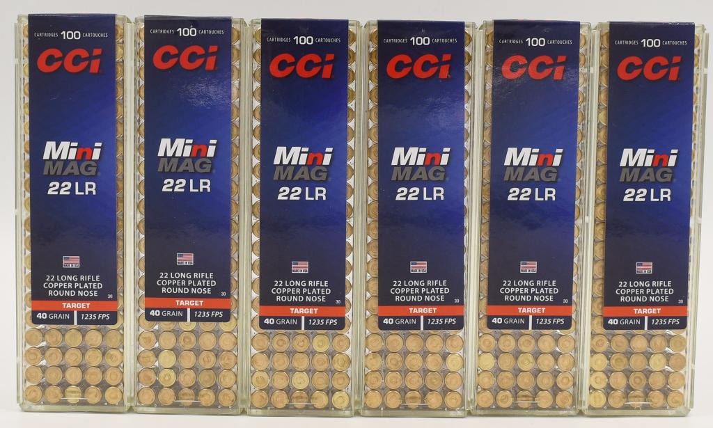 600 Rounds Of CCI Mini Mag .22 LR Ammunition: 600 Rounds Of CCI Mini Mag .22 LR Ammunition, Copper Plated Round Nose Target Grade 40 Grain Ammunition, 1235 FPS