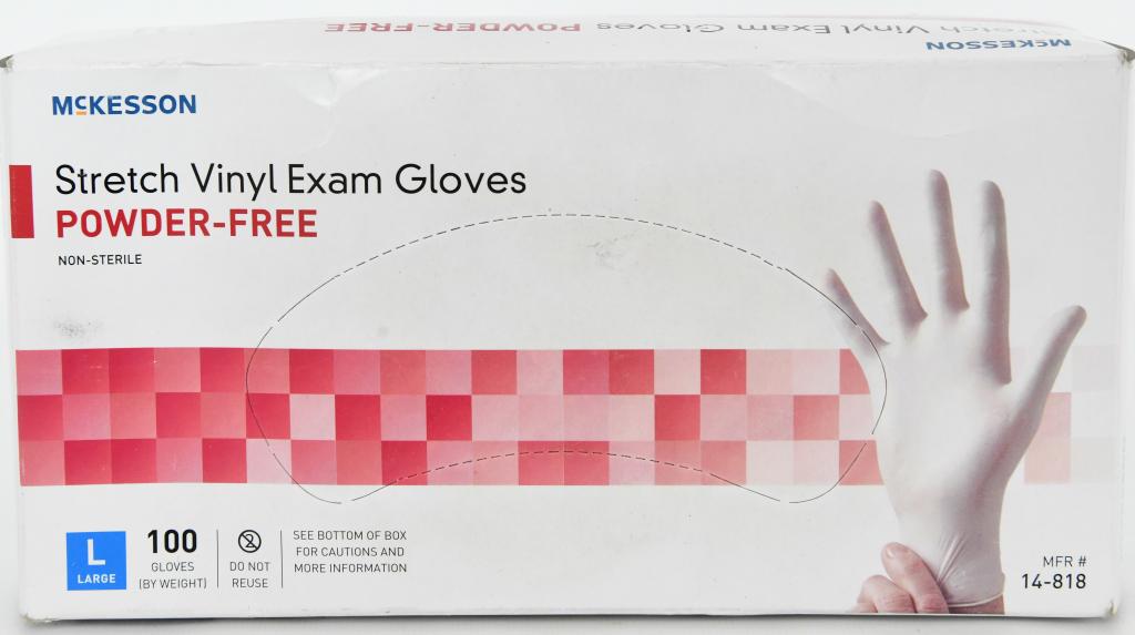 1 box McKeeson Stretch Vinyl Exam Gloves: 100 gloves - non sterile, powder free size Large (not made with natural rubber latex)