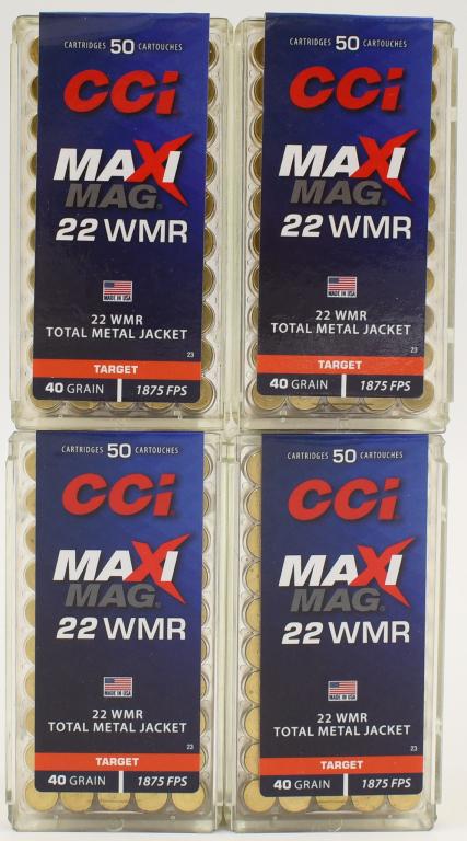 200 Rounds CCI Maxi-Mag .22 WMR Ammunition: 200 Rounds CCI Maxi-Mag .22 WMR Ammunition 40 Grain HV TMJ Bullet 1875fps For over half a century CCI has been producing the undeniably, undisputedly best small caliber rimfire ammunition in the world
