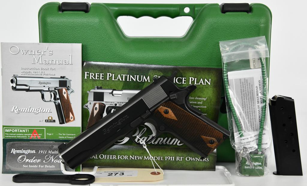 Remington Model 1911 R1 Semi Auto Pistol .45 ACP: Up Next We Have a Remington Model 1911 R1 Semi Auto Handgun Chambered in .45 ACP, 5" Barrel, Two 7 Round Magazines, Double Diamond Walnut Grips, Black Finish, and in Excellent Like New Condition. It C