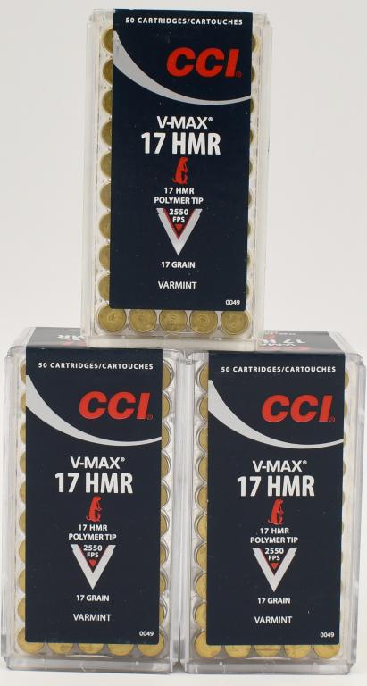 150 Rounds of CCI V-Max .17 HMR Ammunition: 150 Rounds of CCI V-Max .17 HMR Ammunition, 17 Grain Polymer Tip 2550 FPS Varmint Grade Ammunition