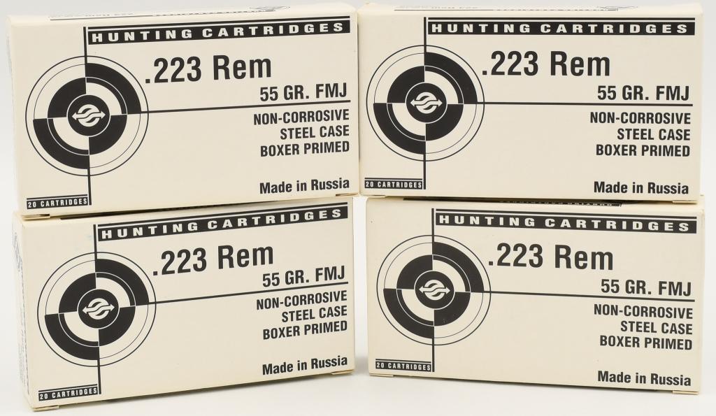 80 Rounds Of .223 Rem Hunting Ammunition: 80 Rounds Of .223 Rem Hunting Ammunition, 55 Grain Full Metal Jacket Non Corrosive Primers, Steel Case, Boxer Primed, Made In Russia
