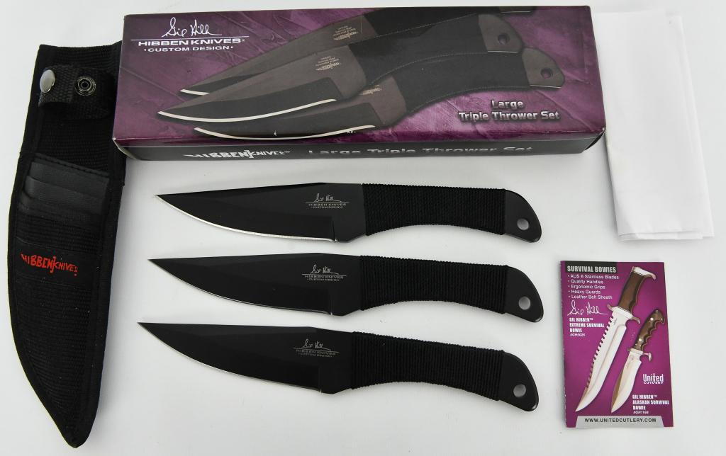 Gil Hibben 8.5" Cord Grip Triple Thrower Set Black: New in Box Gil Hibben 8.5" Cord Grip Triple Thrower Set Black (4.25" BLACK) GH0947B Designed by legendary knifemaker Gil Hibben, the Hibben Triple Thrower is a must-have for the novice or the professi