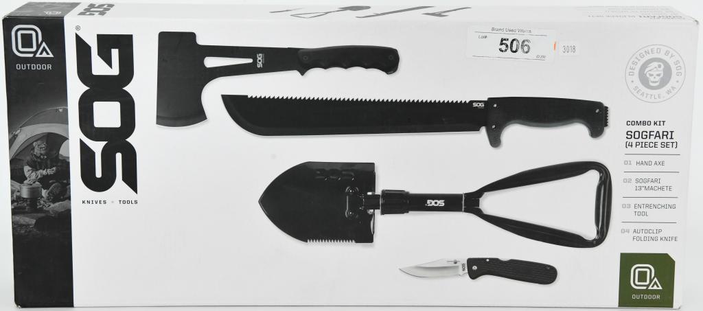 Sog Sogfari 4 Piece Set Hand Axe Machete Knife: Up Next We Have a Brand New Sog Sogfari 4 Piece Set Hand Axe Machete Entrenching Tool And Folding Knife. More From The Internet Below: For the ultimate camping experience this kit has everything you w