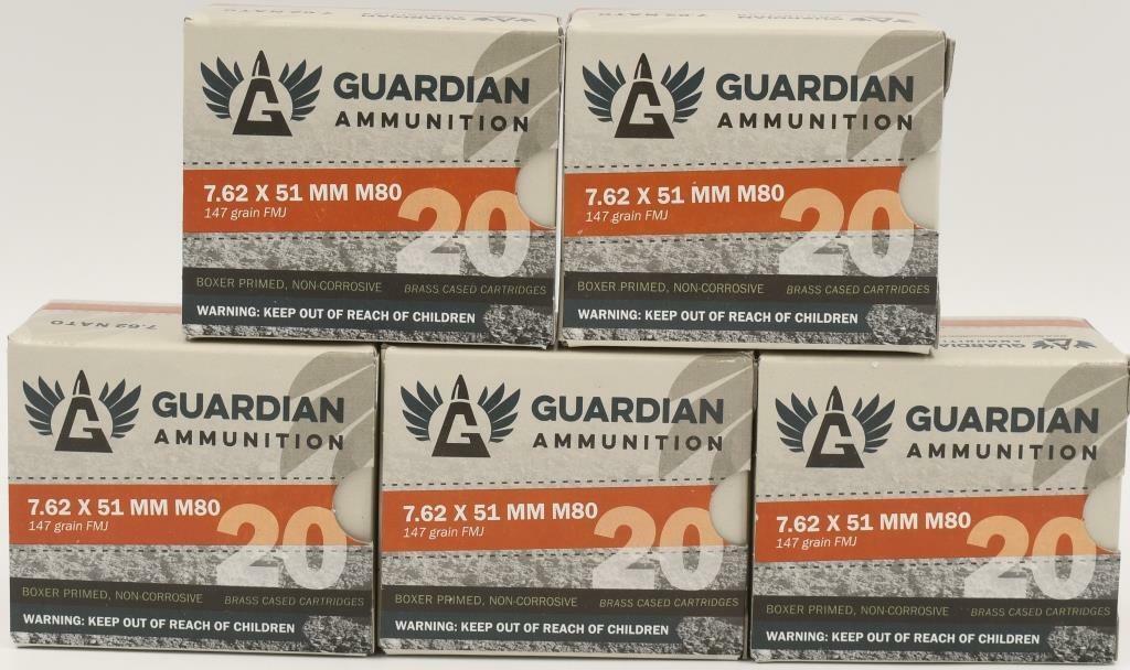 100 Rounds Of Guardian 7.62x51mm M80 (.308): 100 Rounds Of Guardian 7.62x51mm M80 (.308) Ammunition, 147 Grain Full Metal Jacket Boxer Primed , Non Corrosive, Brass Cased Cartridges, NATO Ammunition,